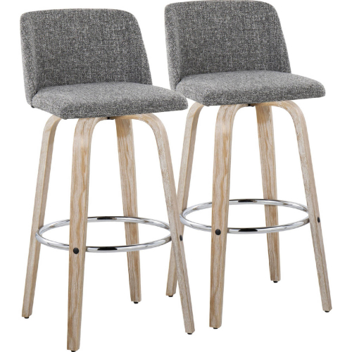 Toriano 30" Swivel Bar Stool White Washed Wood & Grey Noise Fabric with Chrome Footrest (Set of 2)
